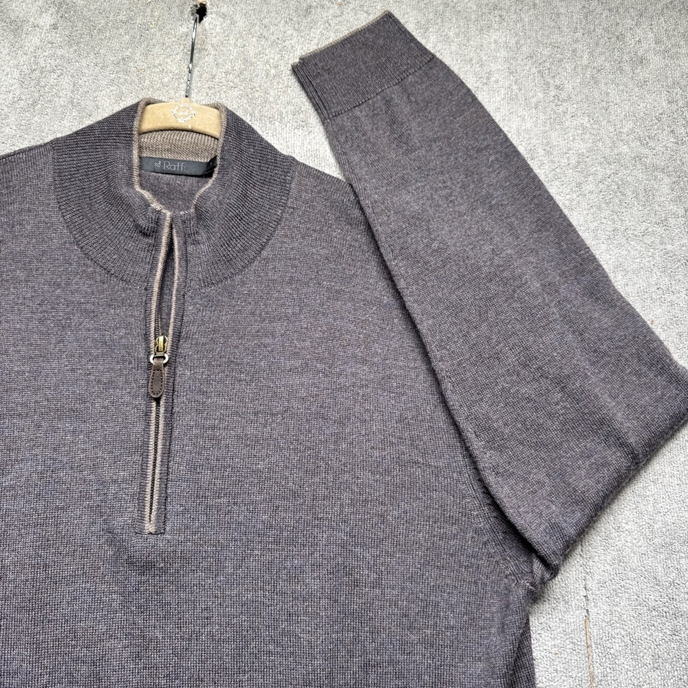 Raffi Men's Merino Wool 1/4 Zip‎ Sweater Large Purple Brown Preppy Old Money